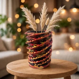 Candy Swirl handcrafted decorative piece in red, gold and black holding dried pampas grass on a wooden table